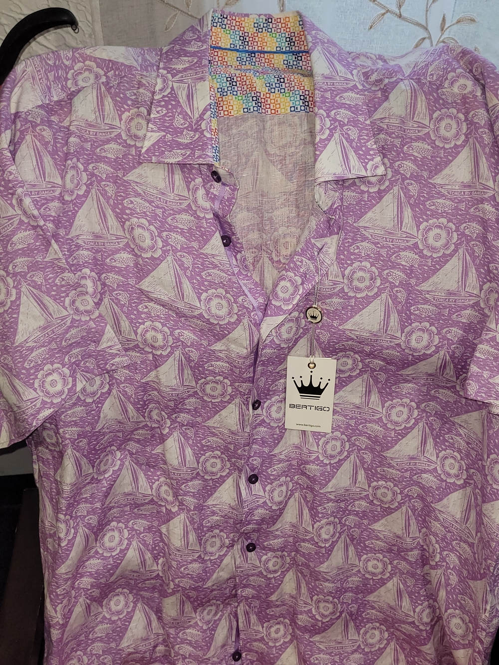 Bertigo Men's Lavender Sailboat Print Short Sleeve Button-Down Shirt